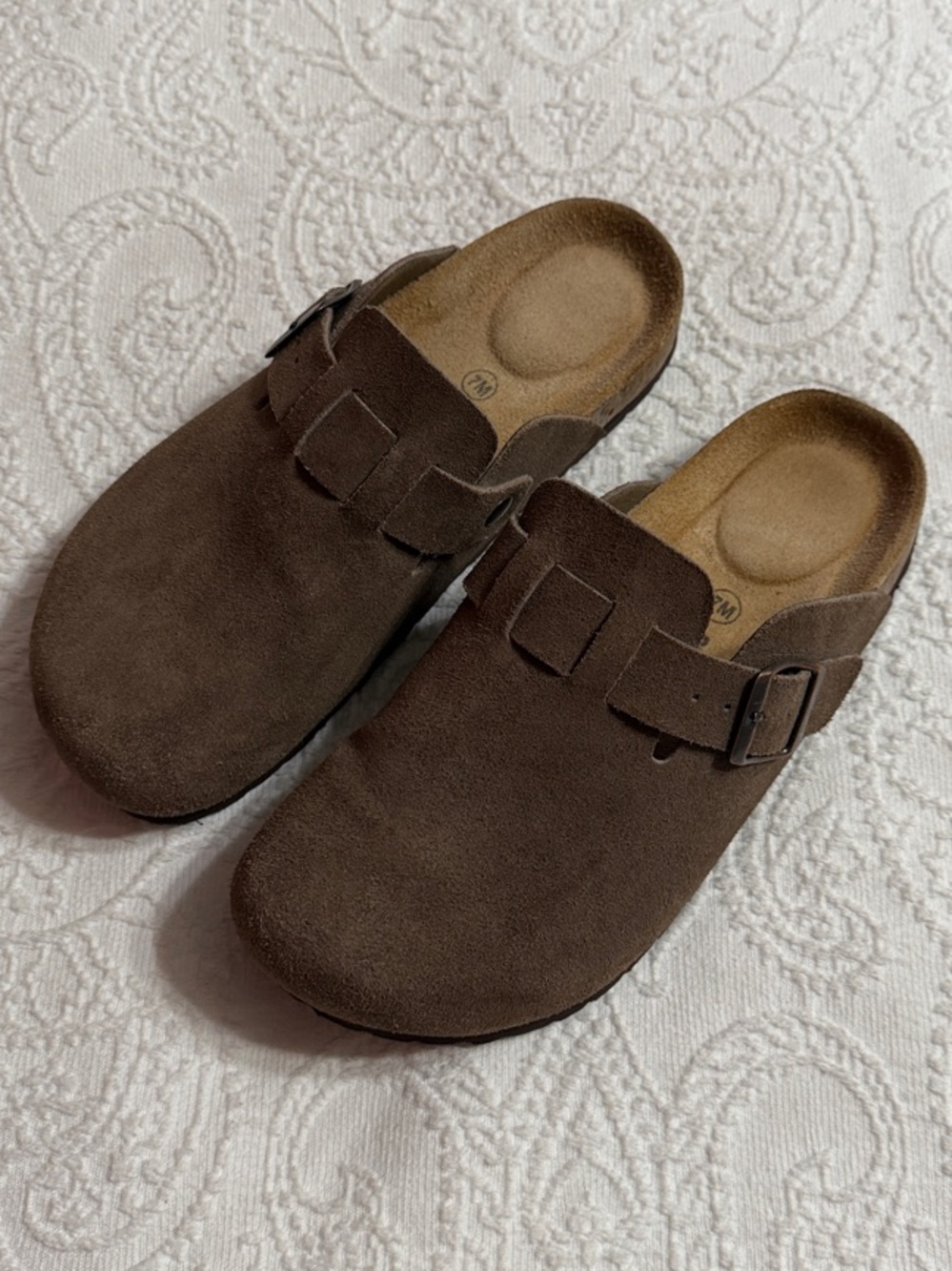 Cushionaire Size 7M Brown Suede Clogs with Buckle